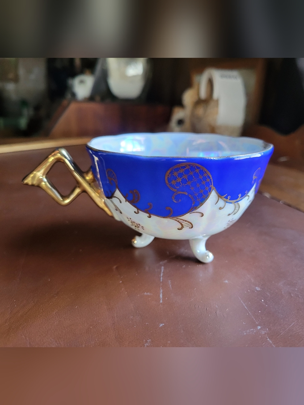 Vintage Lusterware Teacup cobalt blue and iridescent white finish